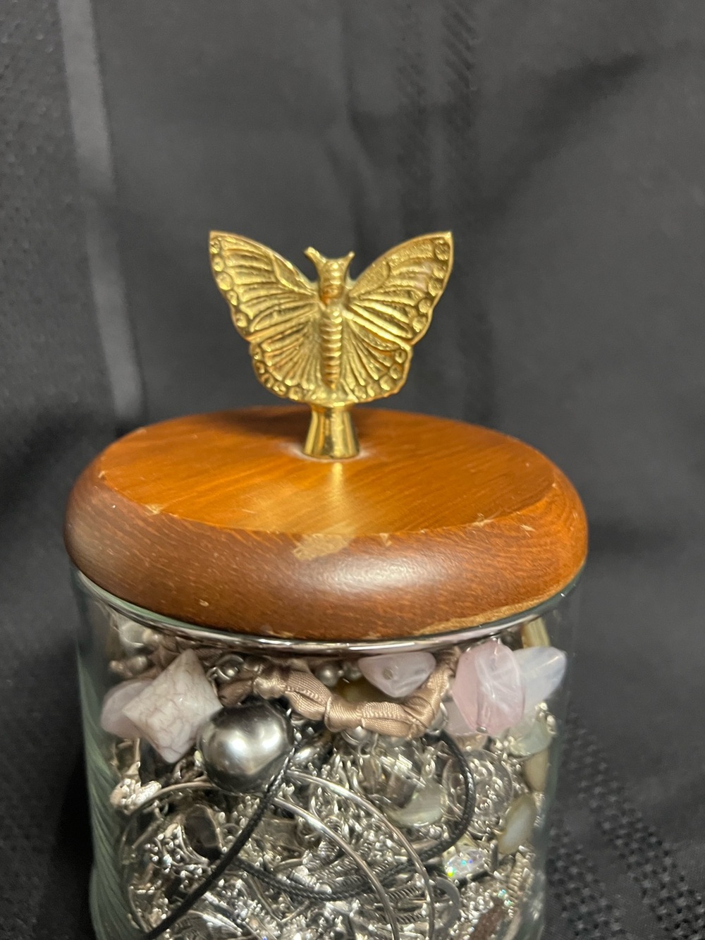 Decorative Glass Jewelry Jar with Gold Butterfly Lid